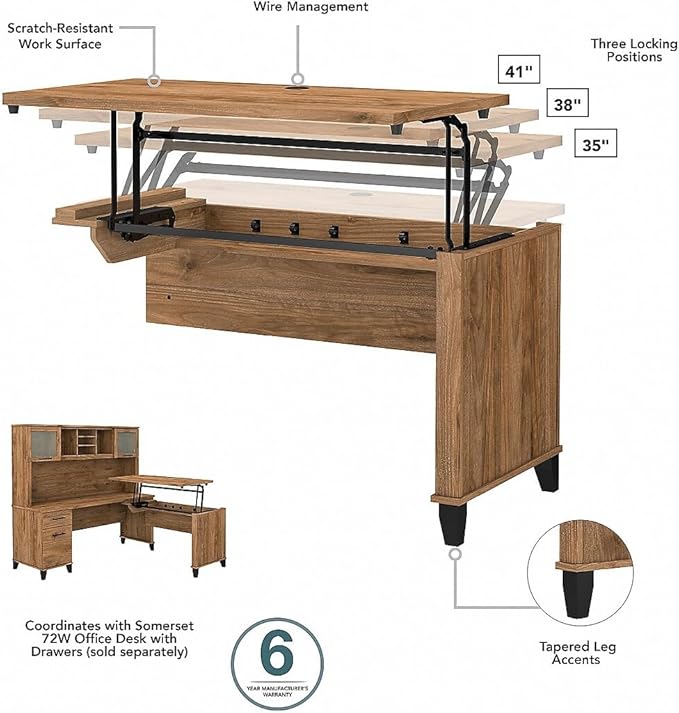 Bush Furniture Somerset 3 Position Sit L Shaped Desk with Hutch | Ergonomic Height Adjustable Standing Computer/Laptop Table for Home Office, 72W, Fresh Walnut