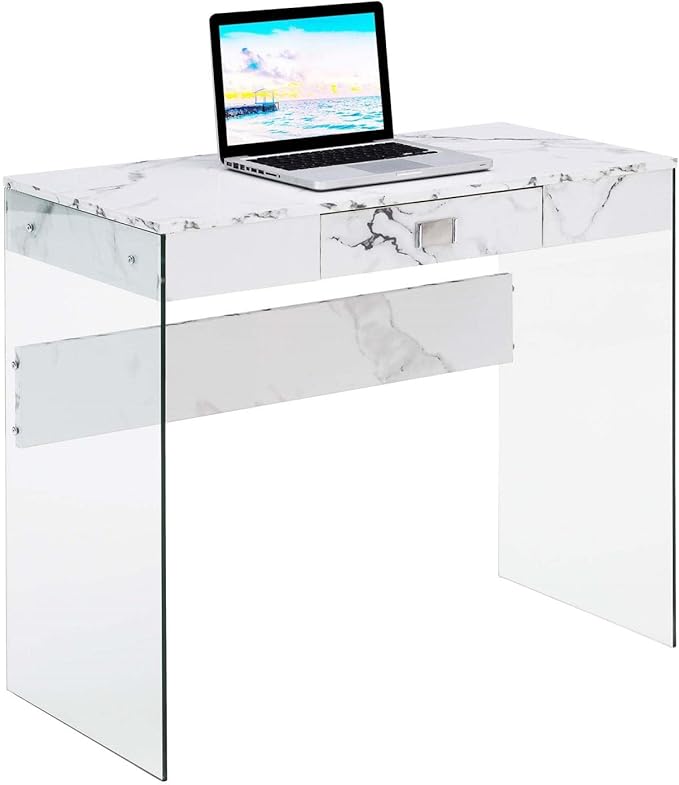 Convenience Concepts SoHo 1 Drawer Glass 36 inch Desk, White Faux Marble/Glass