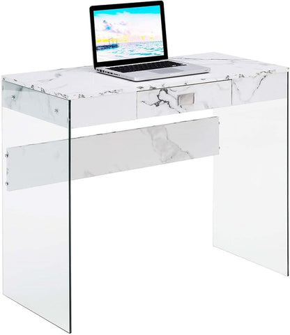 Convenience Concepts SoHo 1 Drawer Glass 36 inch Desk, White Faux Marble/Glass