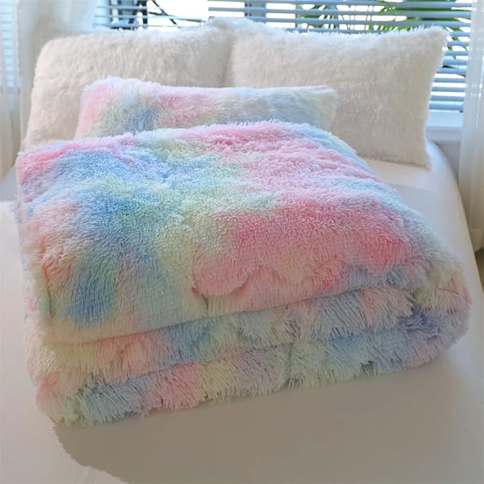 Faux Fur Kids Girls Sunshine Rainbow Comforter Sets Queen - 3PC Bed Set Warm Comfortable Soft Plush Flannel Velvet Fluffy Fuzzy Bedding（Comforter x 1 Pillowcases x 2）