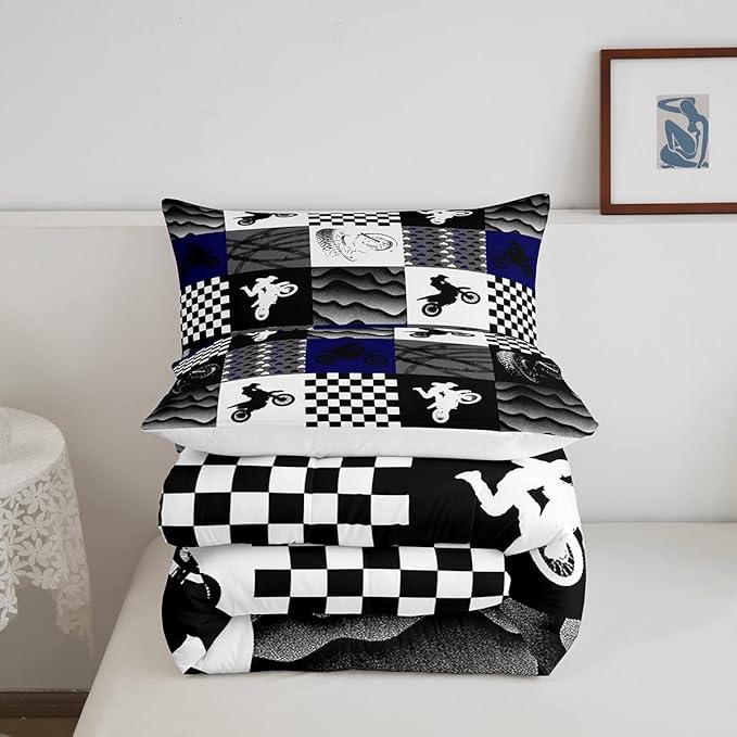 Dirt Bike Comforter Set, Motocross Rider Bedding Comforter Sets Full, Motorcycle Grunge Down Comforter For Kids Boys Adult Men, Motorbike Extreme Sport Game Comforter, Buffalo Plaid, Blue Grey Black