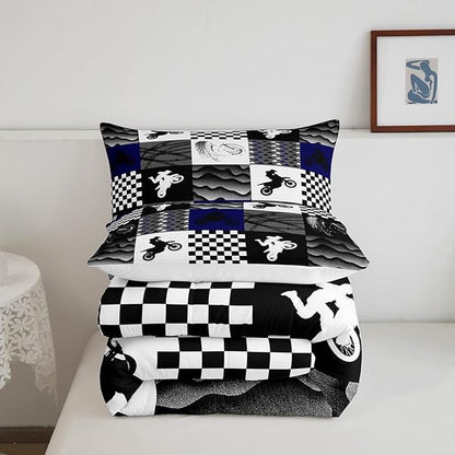 Dirt Bike Comforter Set, Motocross Rider Bedding Comforter Sets Twin, Motorcycle Grunge Down Comforter For Kids Boys Adult Men, Motorbike Extreme Sport Game Comforter, Buffalo Plaid, Blue Grey Black