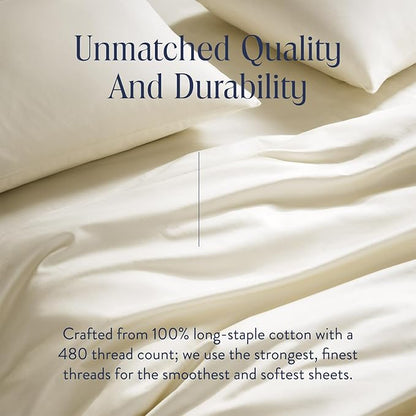 Brooklinen Luxury Sateen 4 Piece Queen Size Sheets Set in Cream - 100% Cotton Sateen Sheets - 1 Fitted Sheet, 1 Flat Sheet, 2 Pillowcases - Best Luxury Sheets