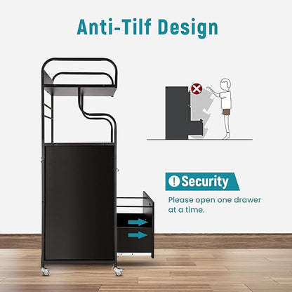 Vertical File Cabinet, 2 Drawer Mobile Filing Cabinet with 1 Bookshelf, Printer Stand with Open Storage Shelves Fits A4/Letter/Legal Size File Cabinets for Home Office Organizer, Black