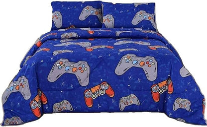 3PCS Blue Gamer Queen Comforter Set for Boys Girls Teens and Kids, Microfiber Lightweight Comforter Queen, Bed in a Bag Cute Bedding, Queen