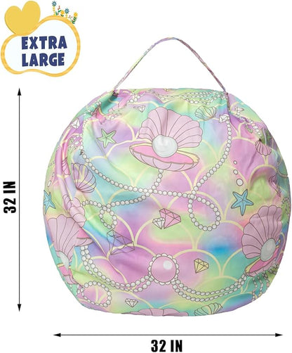 Stuffed Animal Storage Bean Bag Chair Cover, Hold Kids Plush Toys Blankets Towels Beanbag (Cover Only), Canvas Floor Circle Stuff Sit Seat Sofa with YKK Zipper, Large 32", Pink Shell