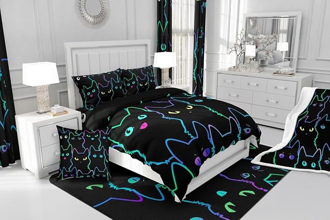 Erosebridal Cute Cat Kids Comforter Neon Rainbow Line Cat King Bedding Set for Boys Girls Teen Cartoon Kawaii Cats Toddler Bed Set Colorful Animals Quilt Set Reversible Black,2 Pillow Cases