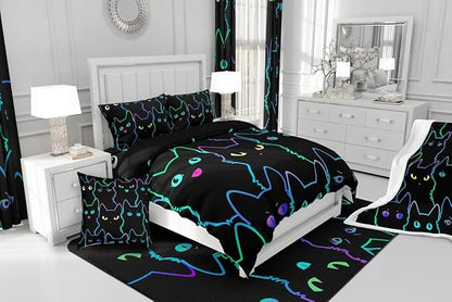 Erosebridal Cute Cat Kids Comforter Neon Rainbow Line Cat Twin Bedding Set for Girls Boys Teen Cartoon Kawaii Cats Toddler Bed Set Colorful Animals Quilt Set Reversible Black,1 Pillow Case