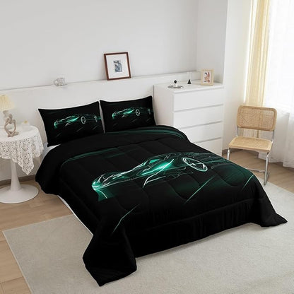 Feelyou Teal Race Car Bedding Set Full Size for Kids Boys Extreme Sport Games Comforter Set Teens Toddler Fast and Furious Duvet Set Cool Modern Quilt Set 3Pcs