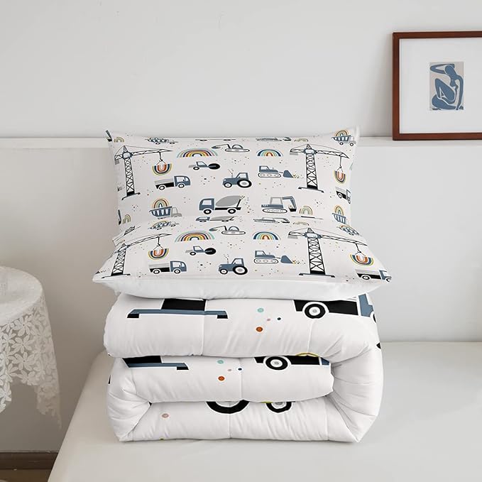 Toddler Cute Cars Bedding Set Cartoon Excavator Kids Comforter Set Boys Construction Vehicles Comforter Equipment Trucks Duvet Set Rainbow Room Decor Tractor Quilt Set Queen Size With 2 Pillow Case