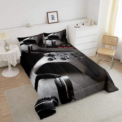 Feelyou Gaming Bedding Set Boys Game Controller Comforter for Kids Girls Teens Modern Gamer Headset Comforter Set Youth Gaming Console Video Game Decor Duvet Set with 1 Pillow Case Twin Size Black
