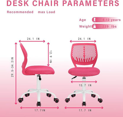 FurnitureR Teens Girls Task Chair 360 Swivel, Low Mid PP Mesh Back Fabric Seat, Height Adjustable, Rolling Castor, W15.7inces x D15.2inces x H29.5-34.2inches (Pink)