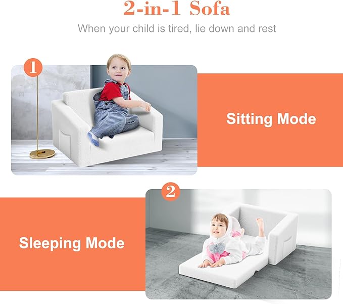 Kids Couch,2-in-1 Toddler Chairs for Boys,Kids Sofa with Storage,Comfortable Kids Sofa Bed,Fun Kids Lounge Chair,Toddler Furniture,Kids Playroom,Children'S Gifts (White)
