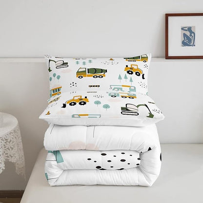 Excavator Kids Comforter Construction Trucks Comforter Set for Boys Teens Heavy Vehicles Decor Bedding Set Cartoon Cars Green Orange Quilt Set with 2 Pillowcases 3Pcs Bedding Full