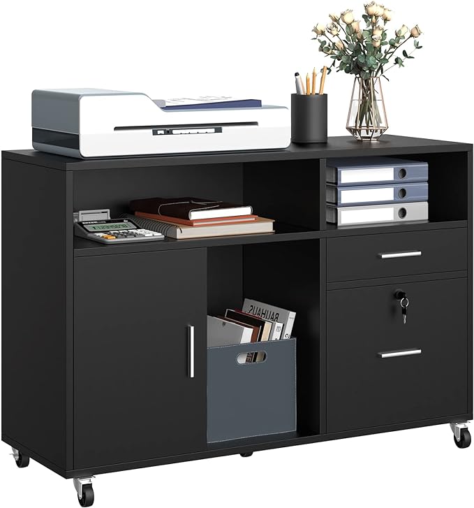 YITAHOME Wood Lateral File Cabinet, 2 Drawer Mobile Storage Cabinet, Fits A4, Letter Size Files, Printer Stand with Open Storage Shelves, Modern Filing Cabinet for Home Office, Black