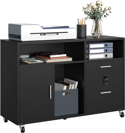 YITAHOME Wood Lateral File Cabinet, 2 Drawer Mobile Storage Cabinet, Fits A4, Letter Size Files, Printer Stand with Open Storage Shelves, Modern Filing Cabinet for Home Office, Black