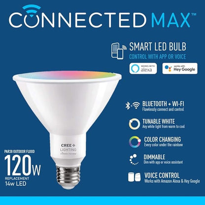 Cree Lighting Connected Max Smart Led Bulb Par38 Outdoor Flood Tunable White + Color Changing, 2.4 Ghz, Works with Alexa and Google Home, No Hub Required, Bluetooth + WiFi, 1Pk