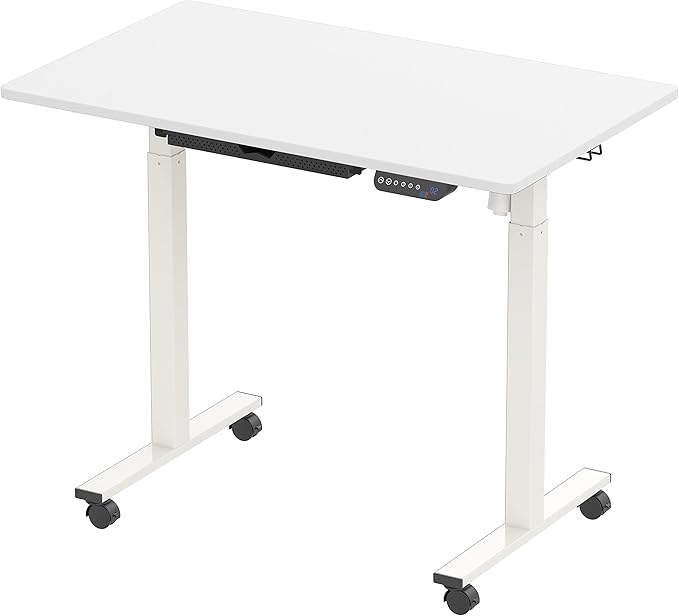 SHW Small Electric Height Adjustable Mobile Sit Stand Desk with Drawer, Hanging Hooks and Cable Management, 40 x 24 Inches, White