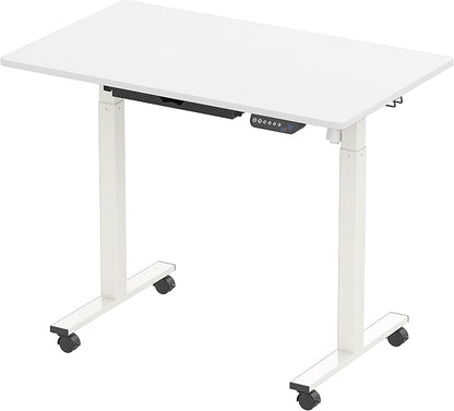 SHW Small Electric Height Adjustable Mobile Sit Stand Desk with Drawer, Hanging Hooks and Cable Management, 40 x 24 Inches, White