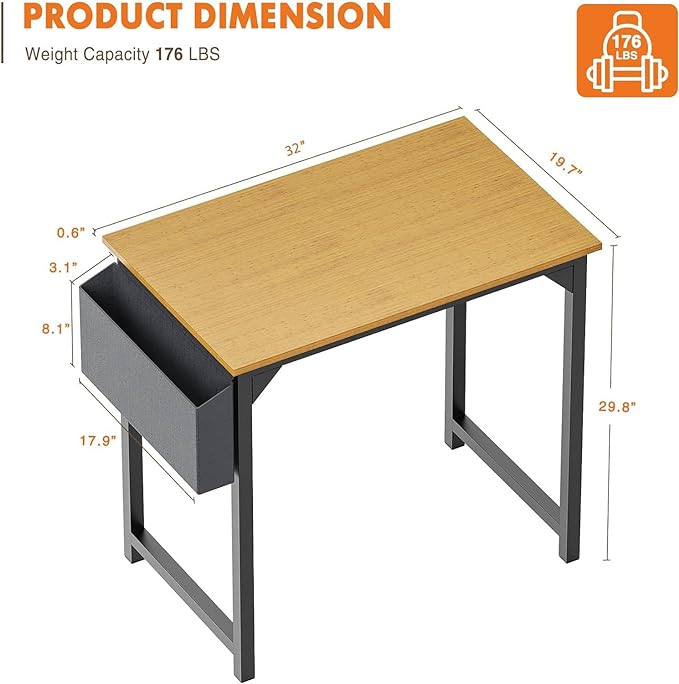 Sweetcrispy Small Computer Office Desk 32 Inch Kids Student Study Writing Work with Storage Bag & Headphone Hooks Modern Simple Home Bedroom PC Table