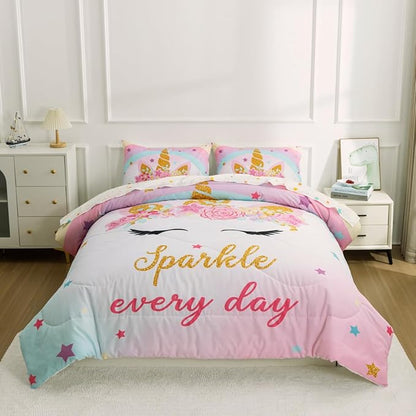 NTBED Unicorn Twin Comforter Set with Sheets,5 Pieces Kids Bedding Sets for Girls, Lightweight Microfiber Star Rainbow Bed in a Bag
