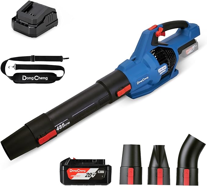 DongCheng Cordless Leaf Blower, 485 CFM Variable Speed & Turbo Mode, 3 Nozzles, Shoulder Strap, 4.0Ah Battery and Charger Included, Battery Powered Leaf Blower for Town Care, Patio and Blowing Leaves