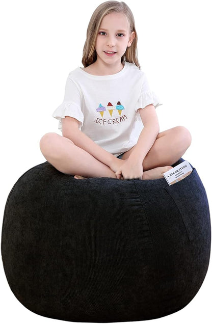 Bean Bag Chair Cover (No Filler) Stuffed Animal Storage for Kids .Soft Premium Corduroy Stuffable Beanbag for Organizing Children Plush Toys or Memory Foam Small 100L (Black)