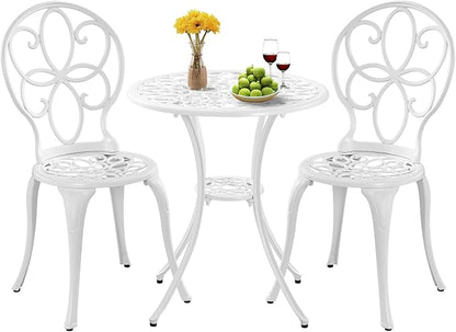 Patio Bistro Sets, Cast Aluminum Bistro Table and Chairs Set of 2 with Umbrella Hole, Bistro Set 3 Piece Outdoor, Metal Patio Furniture Set for Garden Porch, White