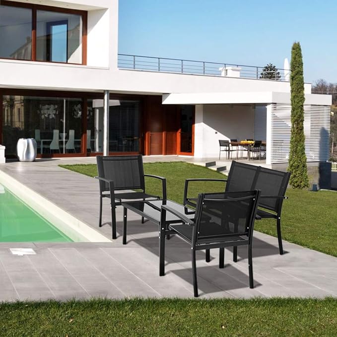 FDW 4 Piece Patio Conversation Sets with Metal Patio Furniture Tempered Glass Tabletop Waterproof Textilene for Outside Backyard Lawn Balcony