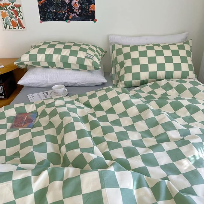 Wellboo Green White Plaid Comforter Sets California King Women Men Sage Green Checkerboard Grid Bedding Comforters Cal King Cotton Modern Grass Green and White Checkered Geometric Luxury Abstract Bed