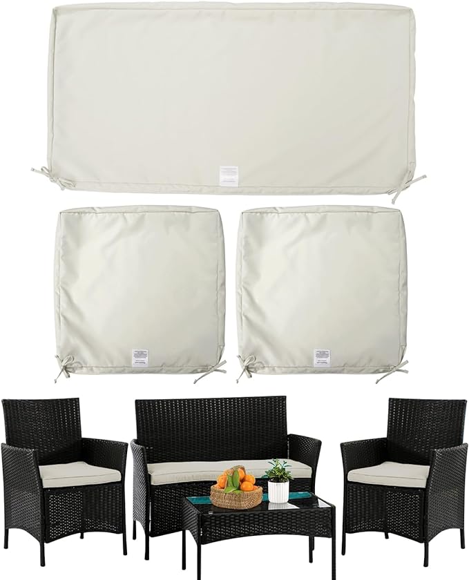 ClawsCover 3Pack Outdoor Seat Cushions Replacement Covers Fit for 4 Pieces Wicker Rattan Furniture Patio Conversation Set Loveseat Chair,38x19x2,19x19x2,Cream-Large (Include Cover Only)