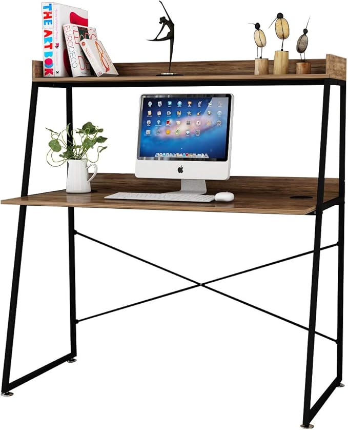 DESIGNA 48 Inch Ladder Desk with Storage Shelves, 2-Tier Home Office Students Study Writing PC Computer Gaming Table with Bookshelf Modern Workstation for Small Space Saving, Metal Frame, Rustic Brown