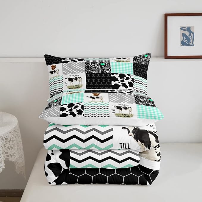 Erosebridal Cute Cow Print Comforter Set Full Size Kawaii Highland Cow Bedding Set Bedroom Decor Honeycomb Plaid Pattern Geometric Stripes Down Comforter Farm Animals Duvet Set, Green Black Grey