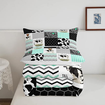 Erosebridal Cute Cow Print Comforter Set Full Size Kawaii Highland Cow Bedding Set Bedroom Decor Honeycomb Plaid Pattern Geometric Stripes Down Comforter Farm Animals Duvet Set, Green Black Grey