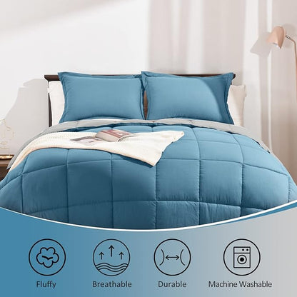 Basic Beyond King Size Comforter Set - Fluffy King Bed Comforter Set for All Seasons - Reversible Blue Comforter Set King - 3 Pieces (1 Comforter + 2 Pillow Shams) - Blue/Grey