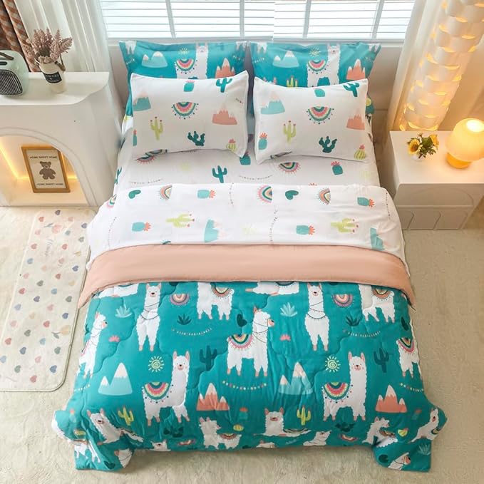 Wajade Kids Llama Comforter Set Bed in A Bag Twin Size 7 Piece Cute Alpaca Tropical Plant Cactus Bedding Set for Girls Boys (1 Comforter, 1 Flat Sheet, 1 Fitted Sheet, 2 Pillowcase and 2 Pillow Sham)