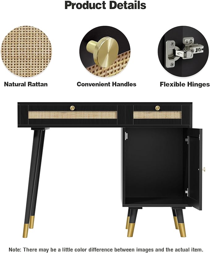 Anmytek Rattan Vanity Desk with Drawers and Storage, Black Makeup Vanity Table Modern Home Office Desk Computer Desk for Study D0005