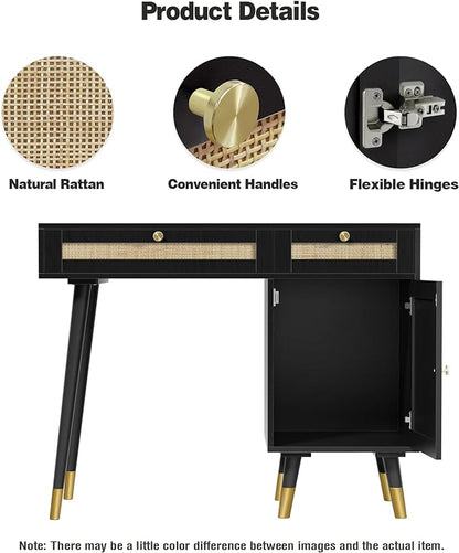 Anmytek Rattan Vanity Desk with Drawers and Storage, Black Makeup Vanity Table Modern Home Office Desk Computer Desk for Study D0005