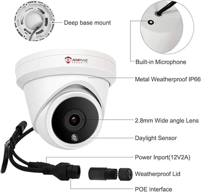 Anpviz 5MP IP PoE Dome Security Camera with Mic/Audio, Turret Camera Outdoor with Human Detection, IP66 Weatherproof, 98FT Night Vision, 2.8mm Wide Angle, Full Metal (U Series)