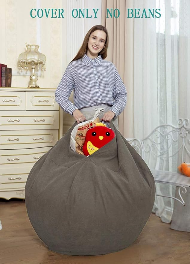 Stuffed Animal Storage Bean Bag Chair Cover (No Filler)for Kids and Adults. Premium Corduroy Stuffable Beanbag for Organizing Children Plush Toys or Memory Foam Extra Large 300L (Warm Grey)