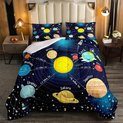 Erosebridal Outer Space Comforter Set Starry Sky Bedding Set Queen Size for Kids Boys Girls Room Galaxy Planet Space Duvet Sets Solar System Cartoon Down Comforter 3 Pieces with 2 Pillow Cases, Blue
