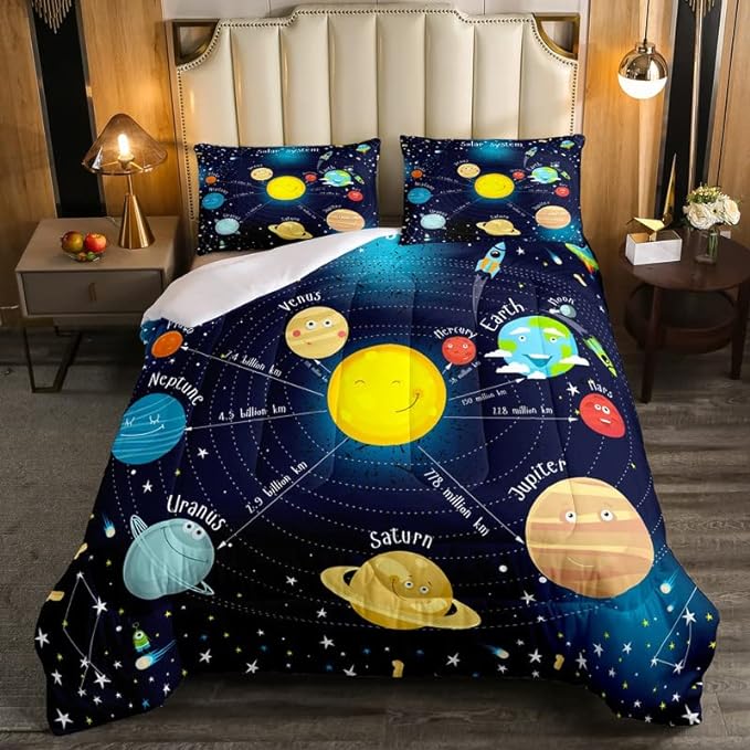 Erosebridal Outer Space Comforter Set Starry Sky Bedding Set Full Size for Kids Boys Girls Room Galaxy Planet Space Duvet Sets Solar System Cartoon Down Comforter 3 Pieces with 2 Pillow Cases, Blue