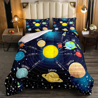 Erosebridal Outer Space Comforter Set Starry Sky Bedding Set Full Size for Kids Boys Girls Room Galaxy Planet Space Duvet Sets Solar System Cartoon Down Comforter 3 Pieces with 2 Pillow Cases, Blue