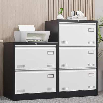 2 Drawer Metal Lateral Lock and Card Holder,Office Vertical Files Storage Cabinets w/Heavy 3 Section Slide Rail & Breathable Holes,for Legal/Letter/A4,Black+White