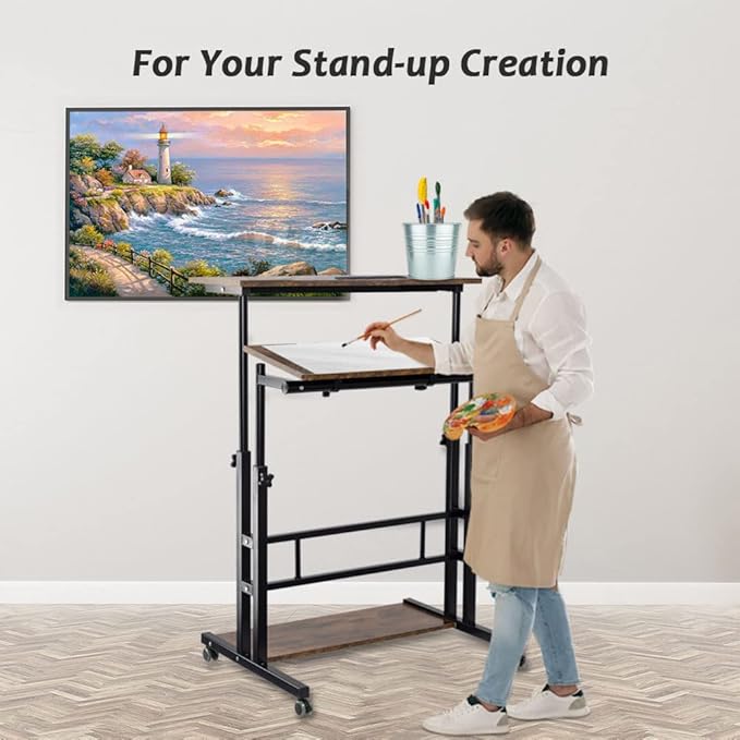 Hadulcet Mobile Standing Desk, Rolling Table Adjustable Computer Desk, Stand Up Laptop Desk Mobile Workstation for Home Office Classroom with Wheels, 31.49 x 23.6 in Rustic Brown