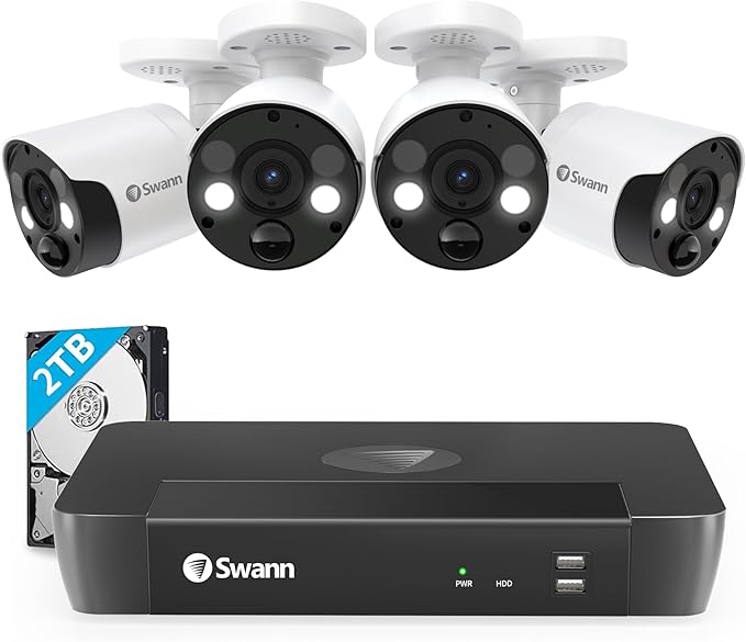 Swann Home Security Camera System with 2TB HDD, 8 Channel 4 Cam, POE Cat5e NVR 4K HD Video, Indoor or Outdoor Wired Surveillance CCTV, Color Night Vision, Heat Motion Detection, LED Lights, 886804FB