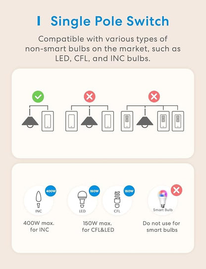 Meross Smart Light Switch Supports Apple Homekit, Siri, Alexa, Google Assistant & SmartThings, 2.4Ghz WiFi Light Switch, Neutral Wire Required, Single Pole, Remote Control Schedule, 2 Pack