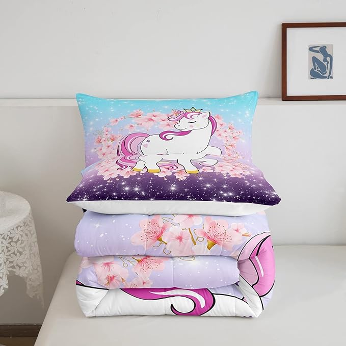 Unicorn Comforter Set Queen, Kids Unicorn Floral Bedding for Girls Boys Children Bedroom Decor, Cherry Blossoms Glitter Down Comforter Galaxy Kawaii Quilt Set with 2 Pillowcases, Blue Purple Ombre