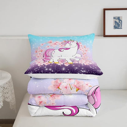 Unicorn Comforter Set Queen, Kids Unicorn Floral Bedding for Girls Boys Children Bedroom Decor, Cherry Blossoms Glitter Down Comforter Galaxy Kawaii Quilt Set with 2 Pillowcases, Blue Purple Ombre