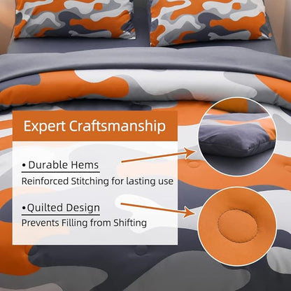 Meeting Story Kids Camo Bedding Set, Army Camouflage Bedding Twin Comforter Set for Boys Girls Teens Bedroom Decoration (Orange, Twin 5Pcs)